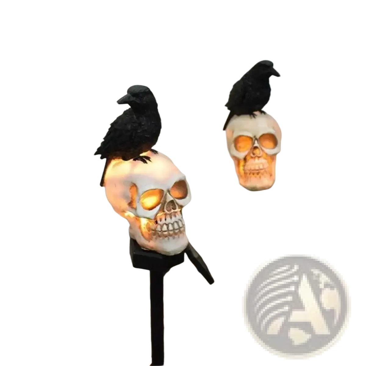 Solar skull crow garden stake Halloween light with white skulls, black crows, glowing orange eyes, and solar panels