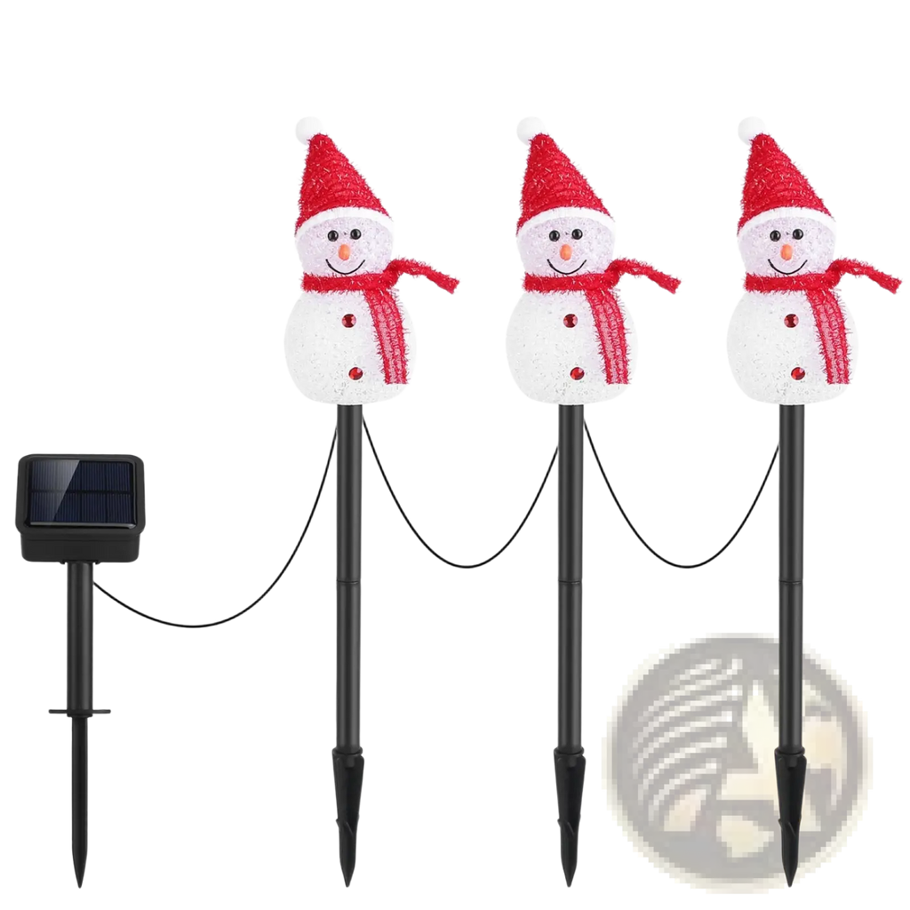 Three solar snowman garden stake lights with white textured bodies, red glittery hats and scarves, black metal stakes, ip55 waterproof