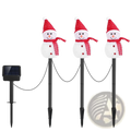 Three solar snowman garden stake lights with white textured bodies, red glittery hats and scarves, black metal stakes, ip55 waterproof