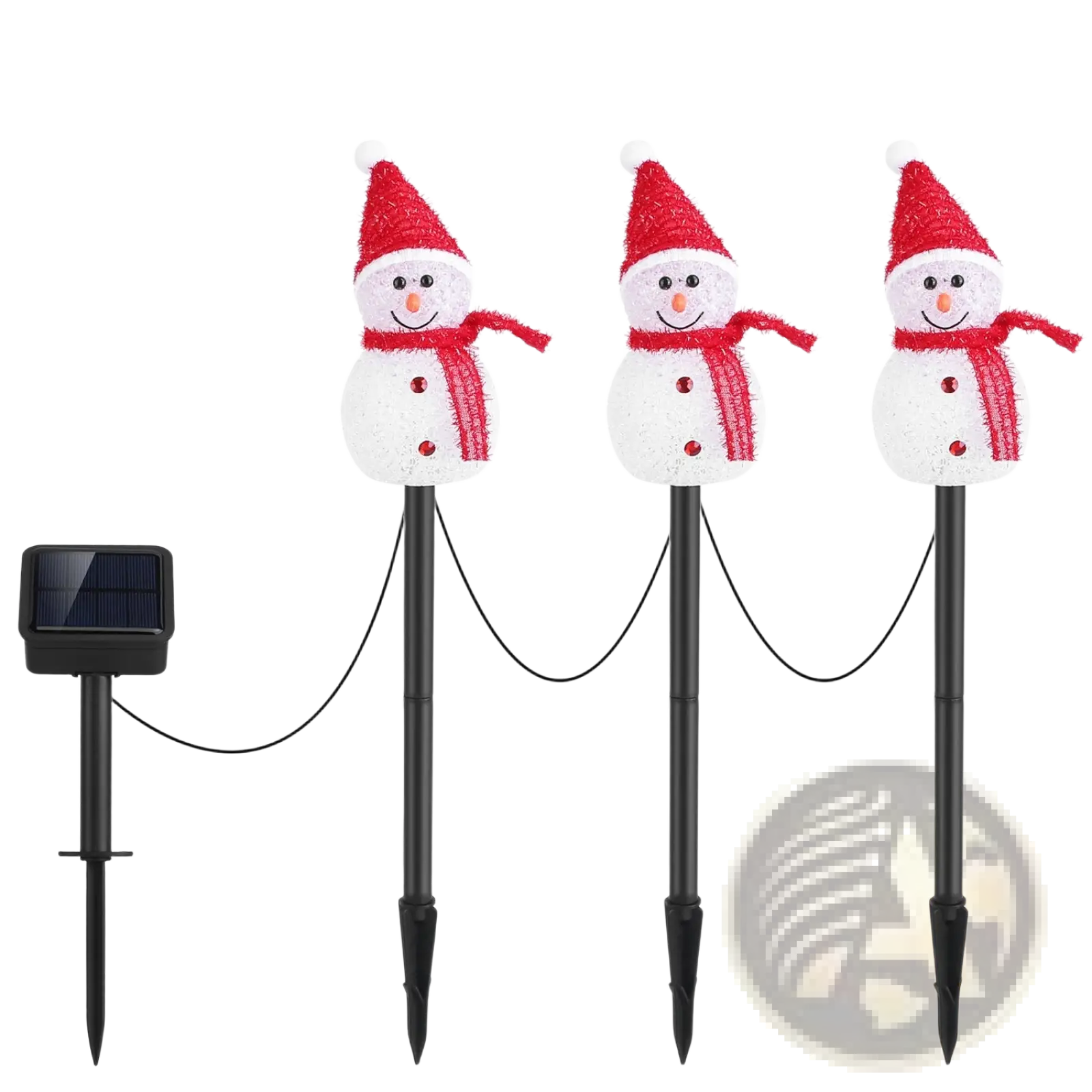 Three solar snowman garden stake lights with white textured bodies, red glittery hats and scarves, black metal stakes, ip55 waterproof