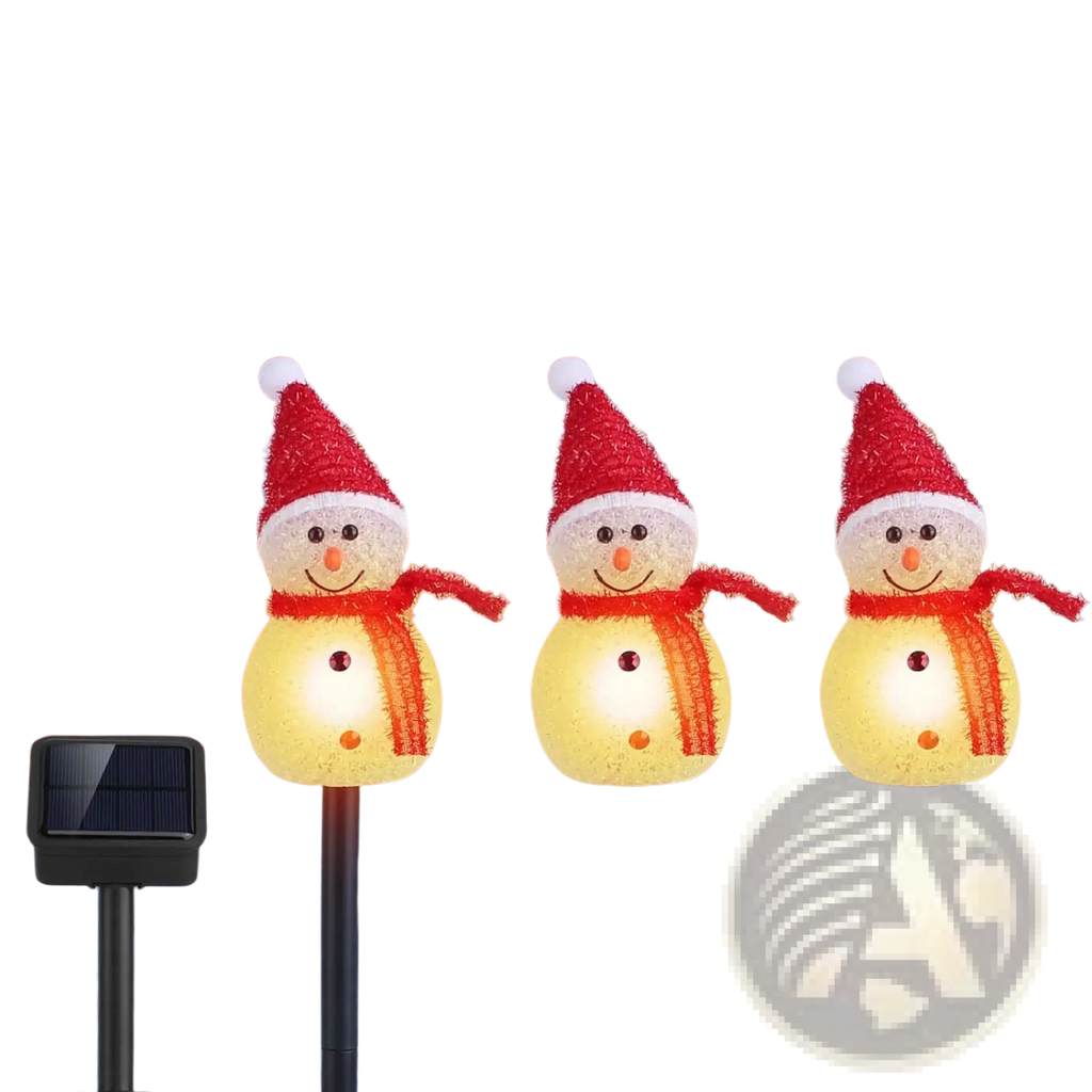 Three solar snowman garden stake lights with red textured hats and scarves emitting warm white LED glow