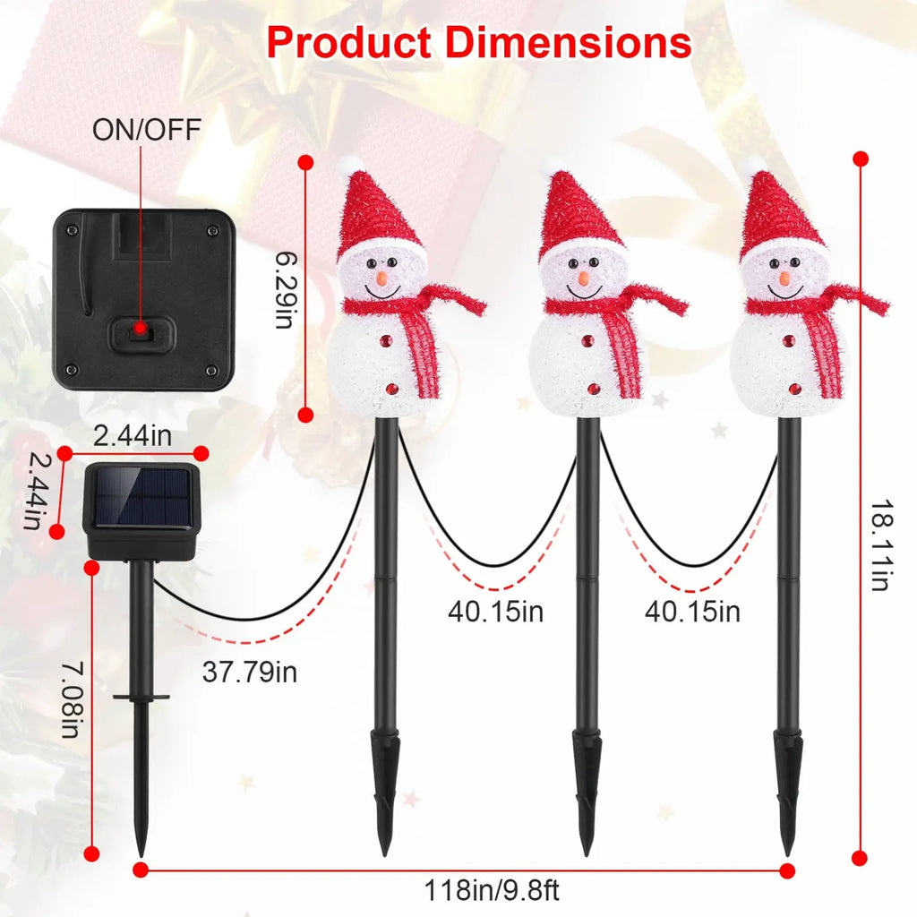 Three solar snowman garden stake lights with white textured bodies red glittery hats and scarves mounted on black stakes