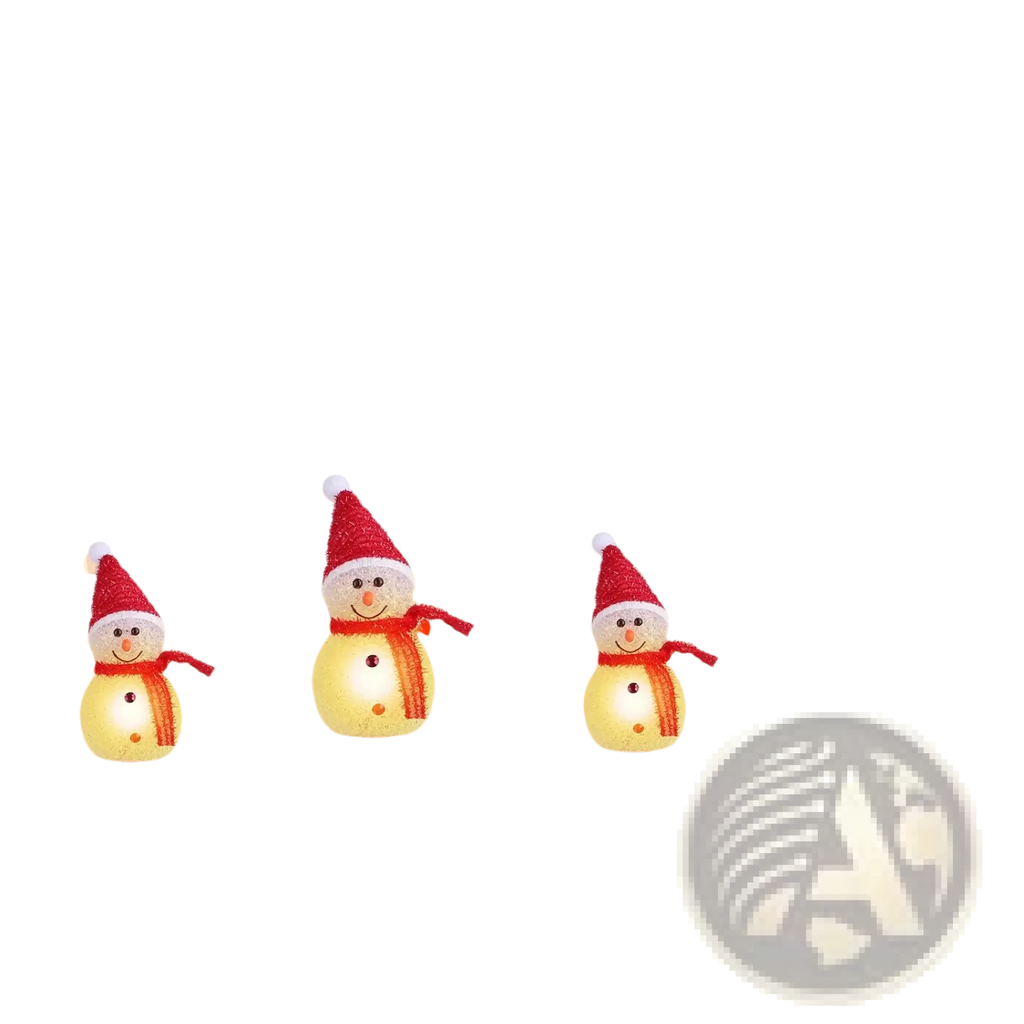 Three solar snowman garden stake lights with red santa hats scarves and glowing yellow bodies ip55 waterproof
