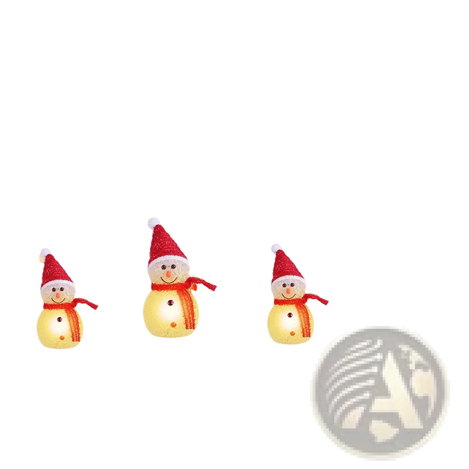 Three solar snowman garden stake lights with red santa hats scarves and glowing yellow bodies ip55 waterproof