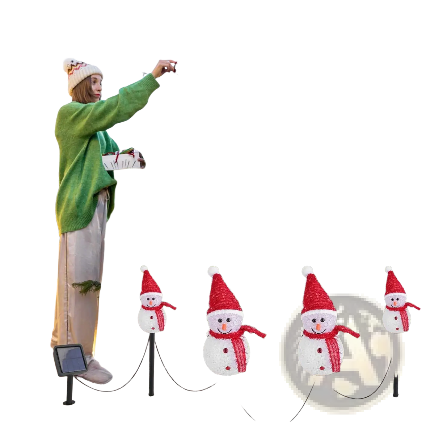 Solar snowman garden stake lights 3 pack with white snowmen wearing red hats and scarves on black stakes ip55 waterproof