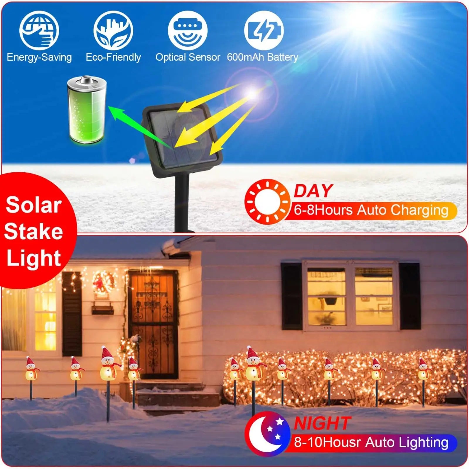 Solar snowman garden stake lights 3 pack with black rectangular solar panel and decorative led snowman shapes