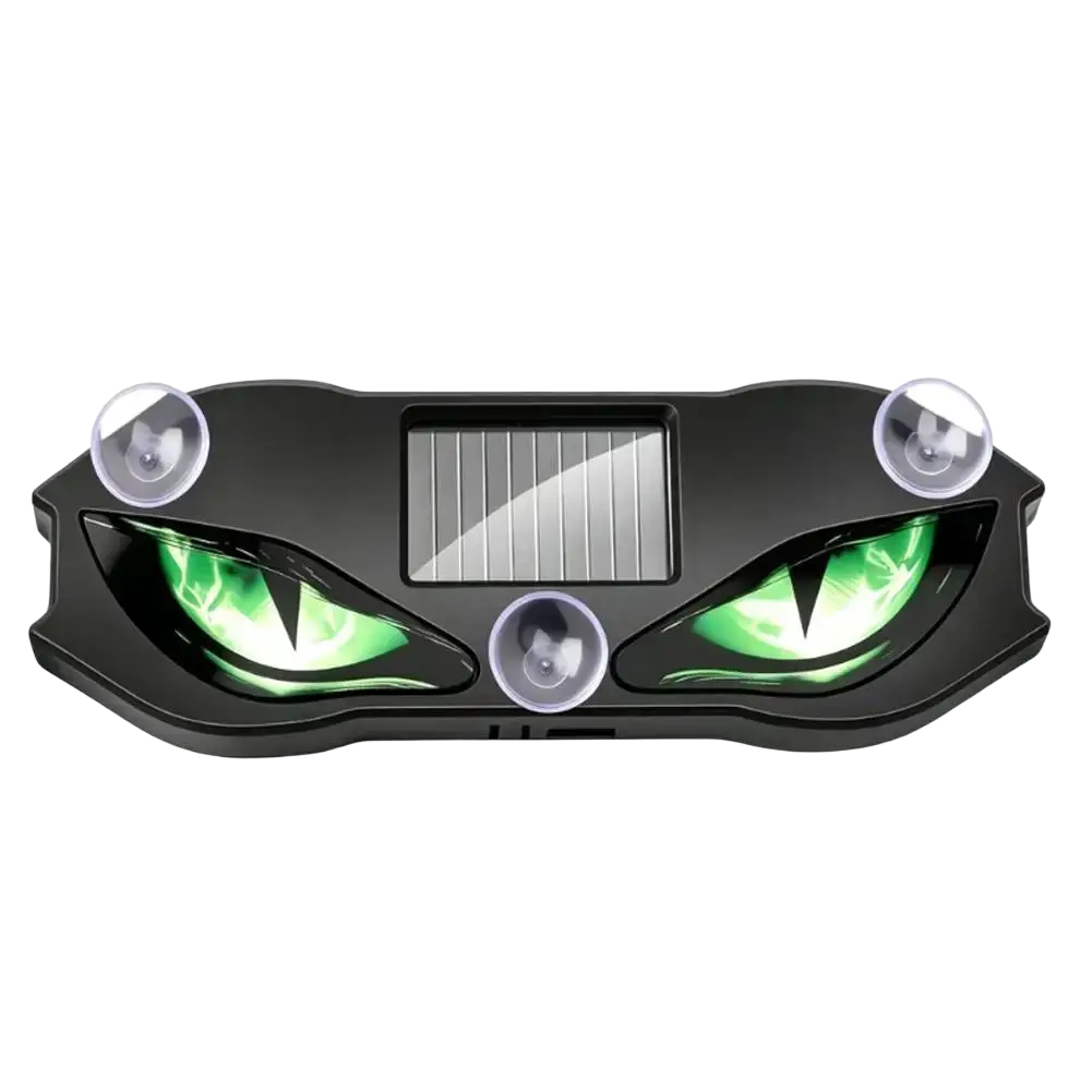 Black plastic solar warning light with devil eye design glowing green eyes and suction cups for car mounting