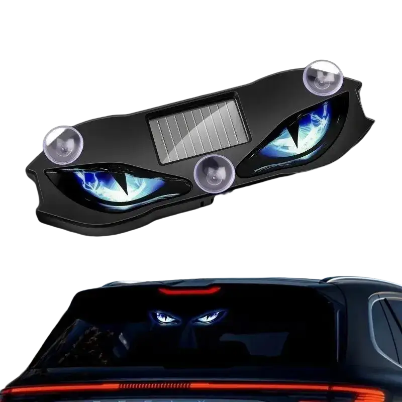 Black plastic led solar warning light with devil-eye design blue glowing eyes and suction cups for mounting