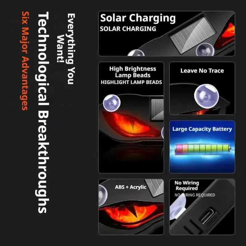 Black solar warning light with devil eye design suction cups high brightness lamp beads and large capacity battery