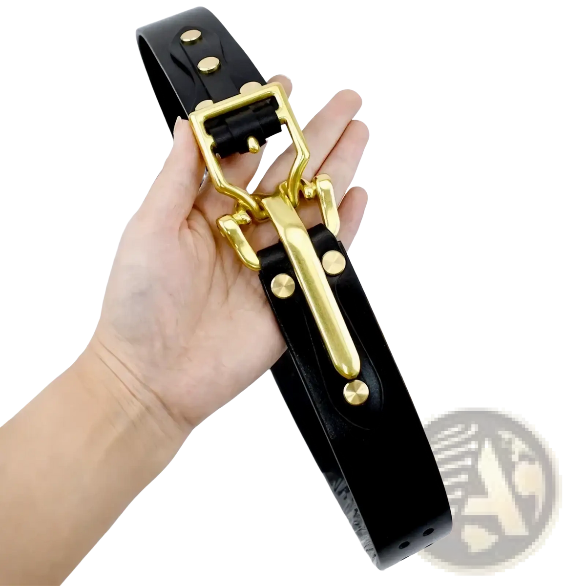 Black leather belt with solid brass 40mm cavalry gold-tone buckle and matching hardware for formal wear