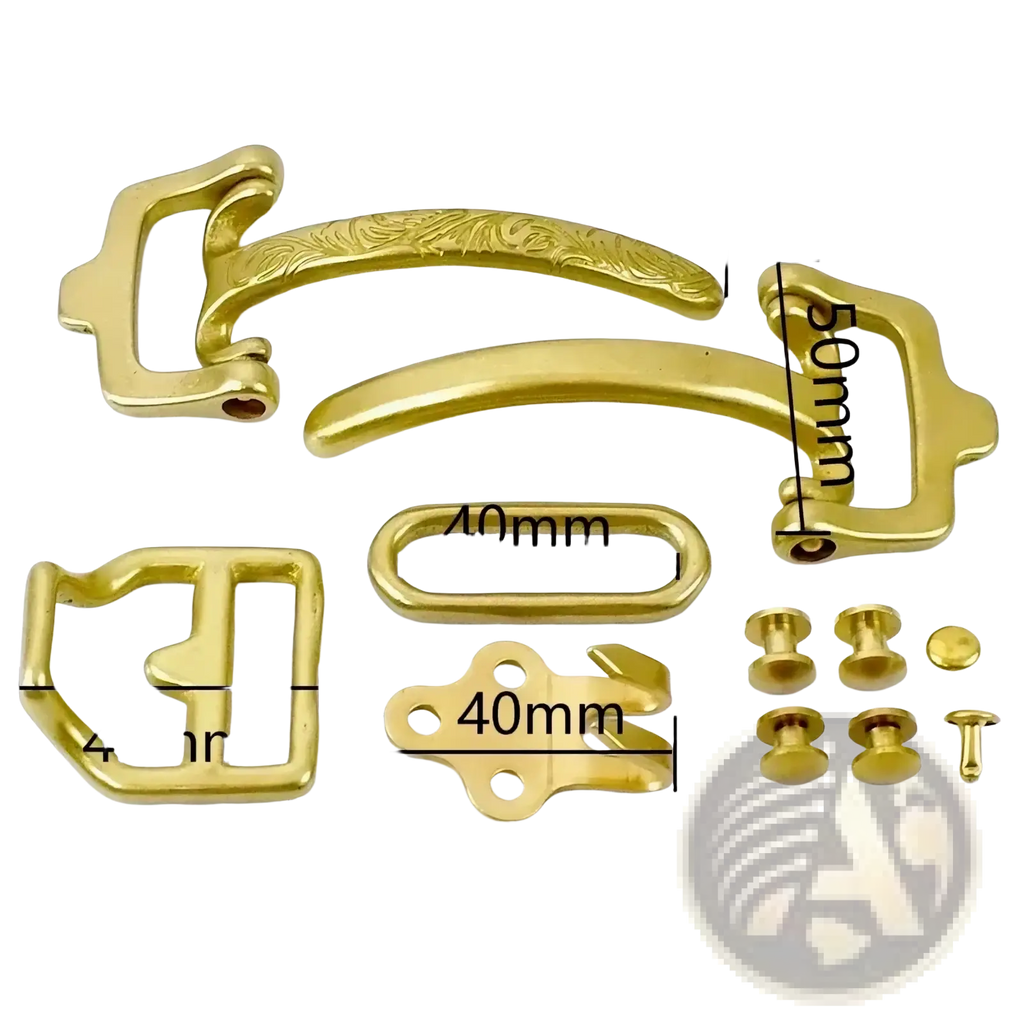 Set of solid brass 40mm cavalry belt buckle components with engraved detailing in brass color for crafting or repair