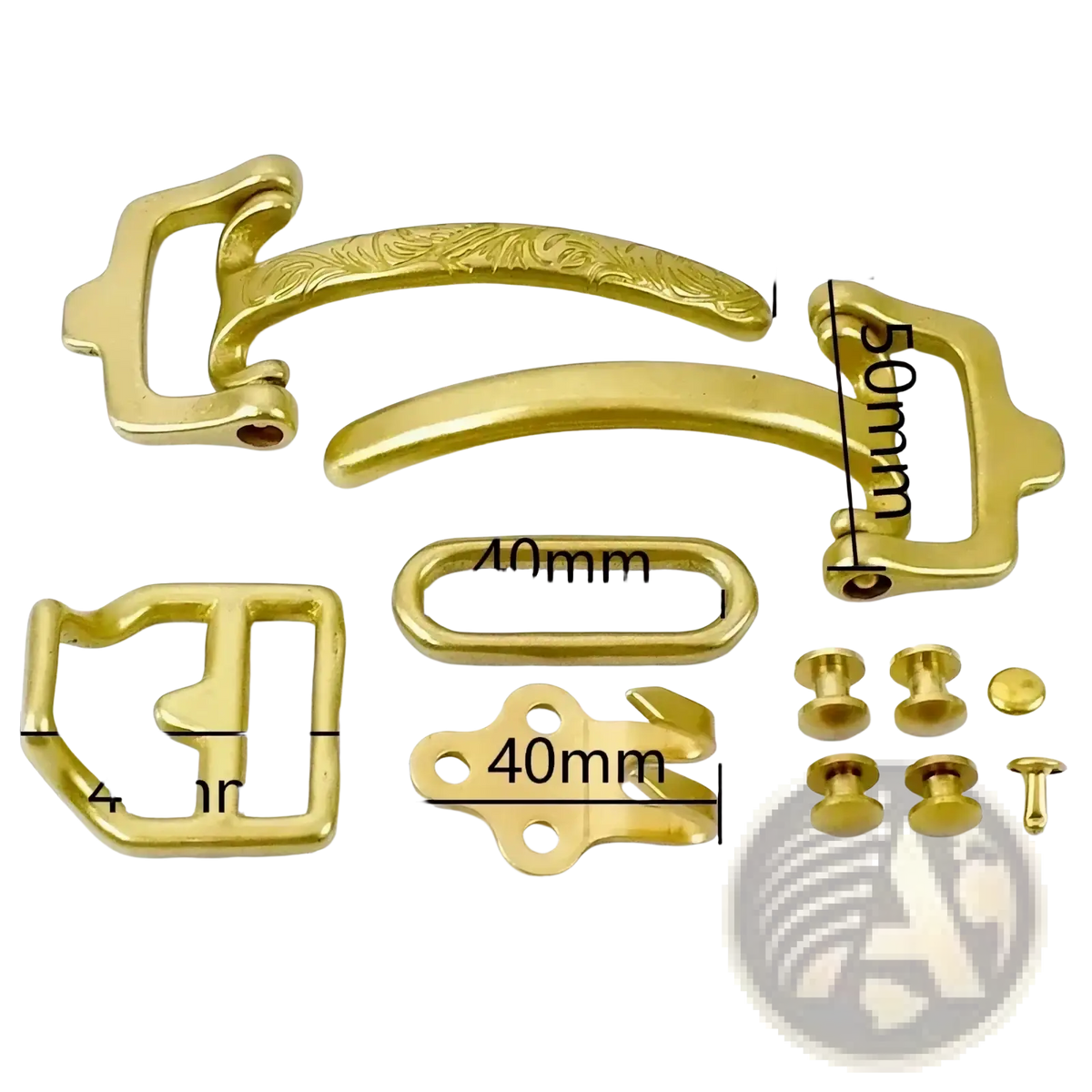 Set of solid brass 40mm cavalry belt buckle components with engraved detailing in brass color for crafting or repair