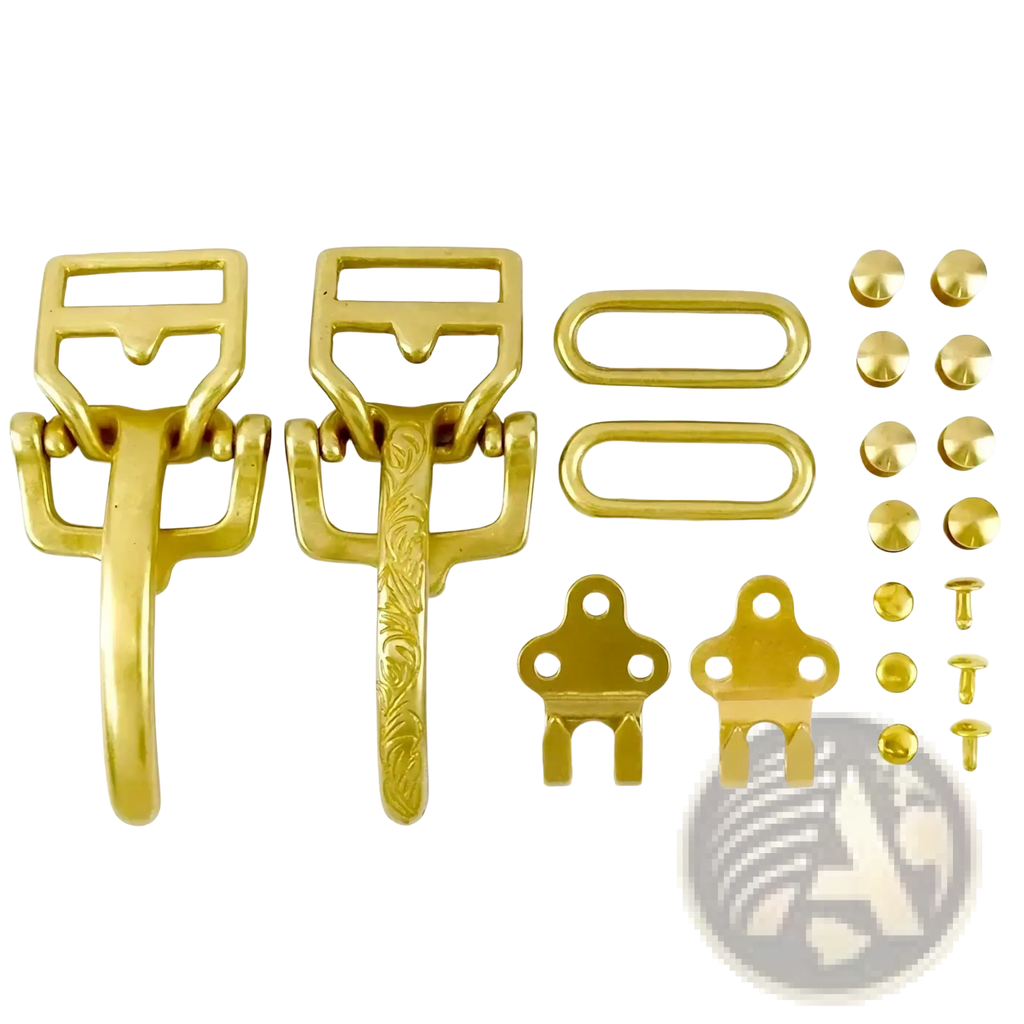 Solid brass 40mm cavalry belt buckle set with gold-colored ornate toggle clasps oval rings and matching studs