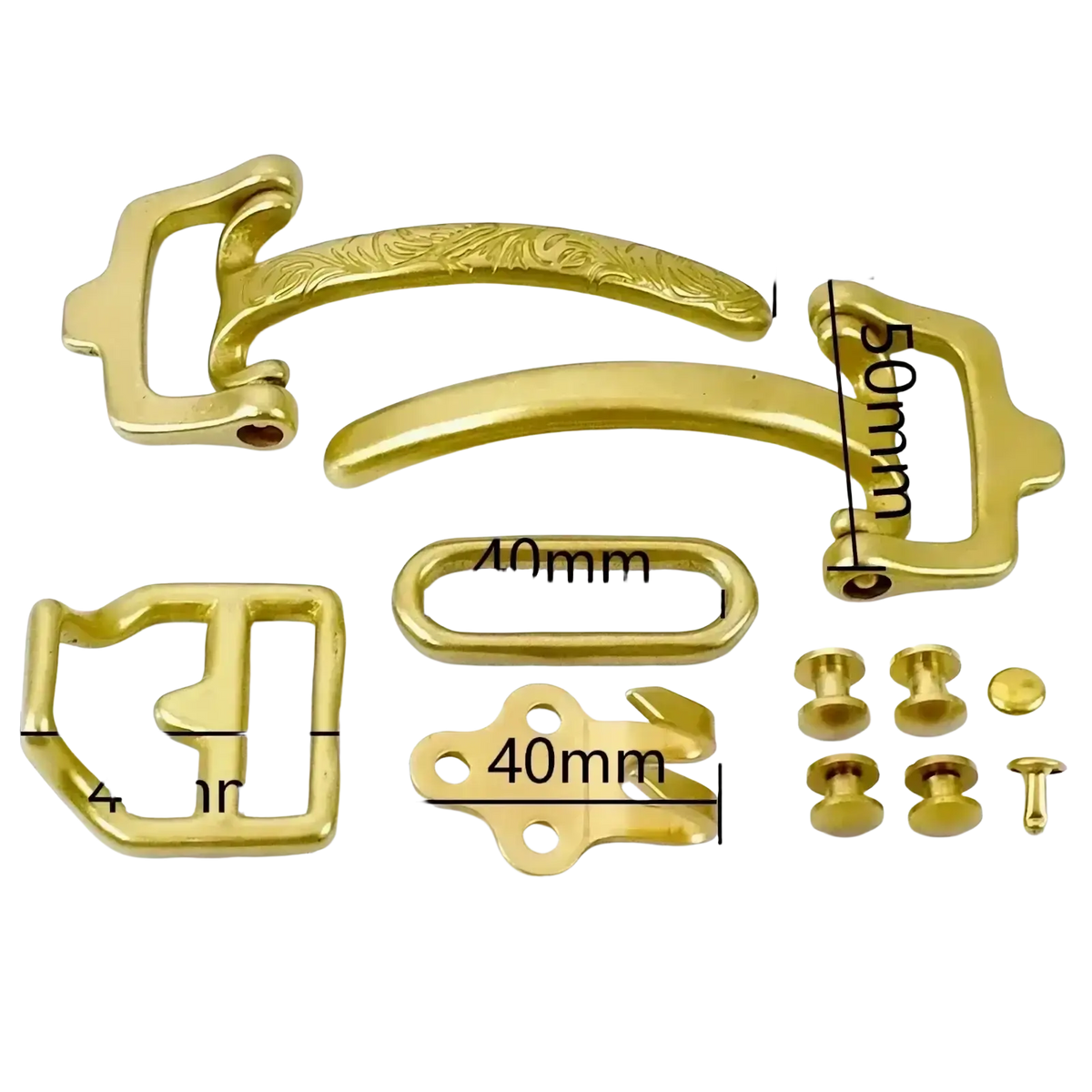 Solid brass gold-colored belt buckle set with ornate drawer pulls buckles and rivets featuring floral patterns