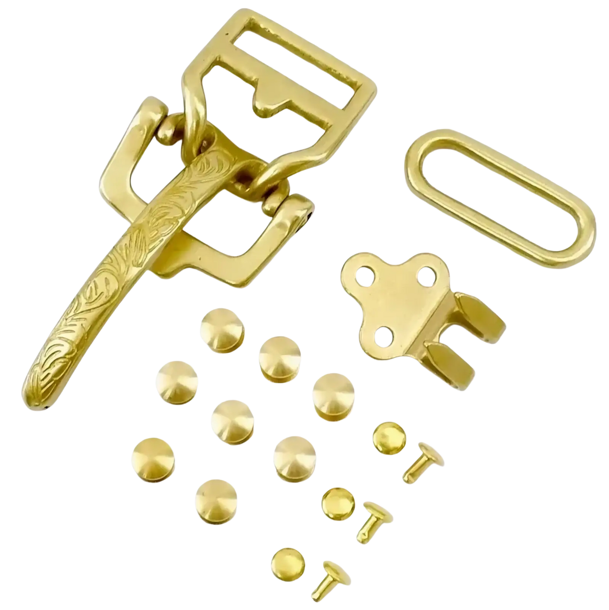 Solid brass 40mm cavalry belt buckle set with gold-toned floral engraved buckle strap d-ring and round head rivets
