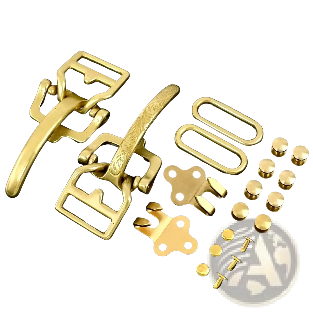 Solid brass 40mm cavalry belt buckle set with gold-toned engraved floral patterns and matching hardware components