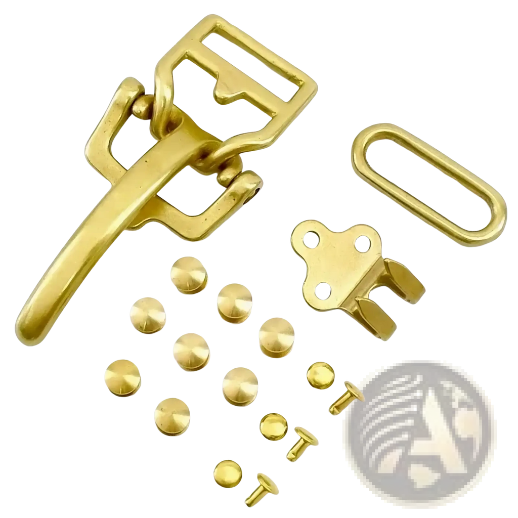 Solid brass 40mm cavalry belt buckle set featuring gold-toned brass buckle with matching hardware components