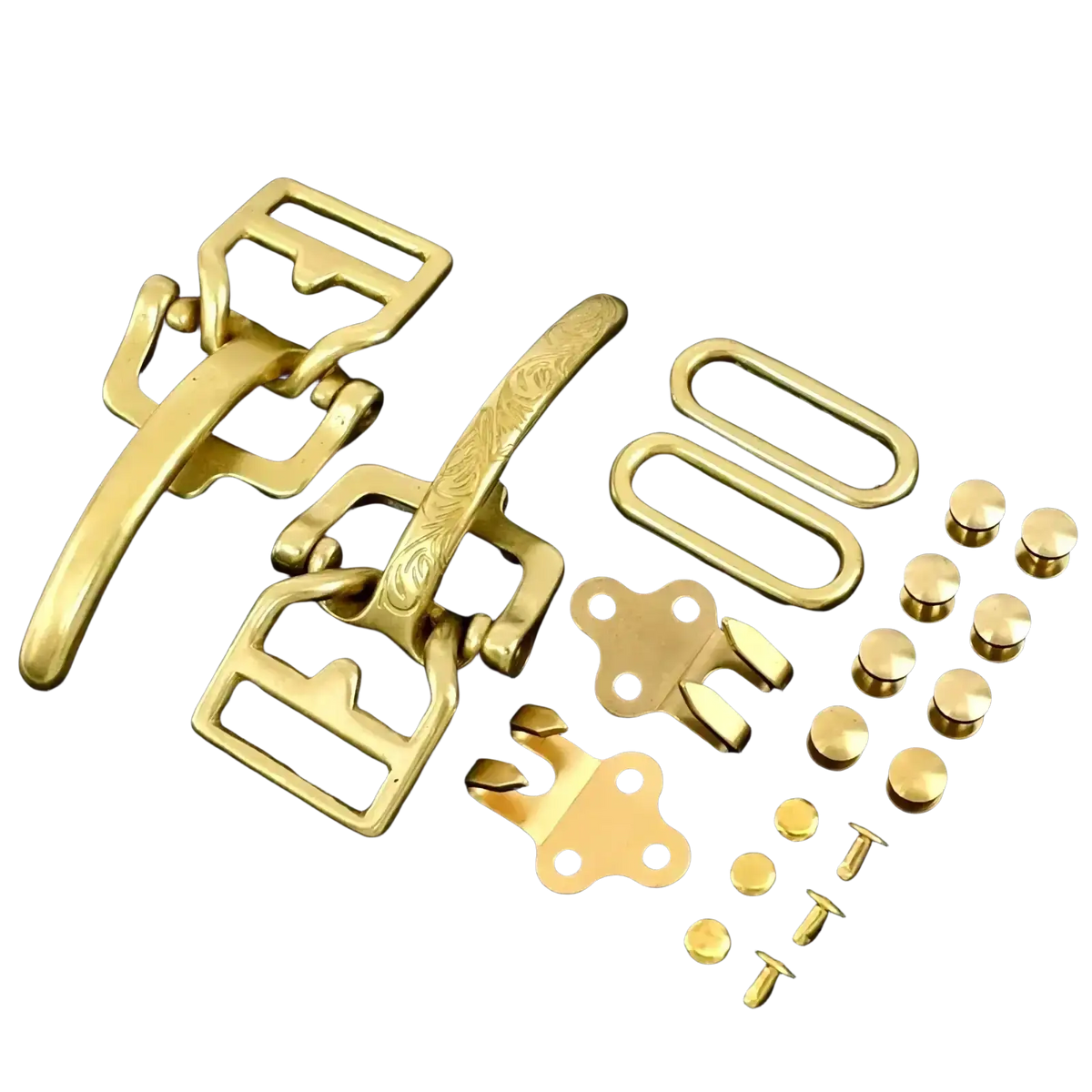 Solid brass 40mm cavalry belt buckle set in gold tone metal with ornate engraved designs and matching hardware components