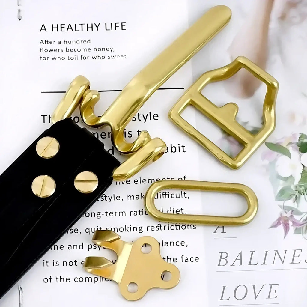 Solid brass 40mm cavalry belt buckle set with gold-toned metal rectangular frame and matching hardware pieces