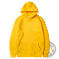 Bright yellow solid color casual hooded sweatshirt with front pocket and ribbed cuffs for comfortable wear