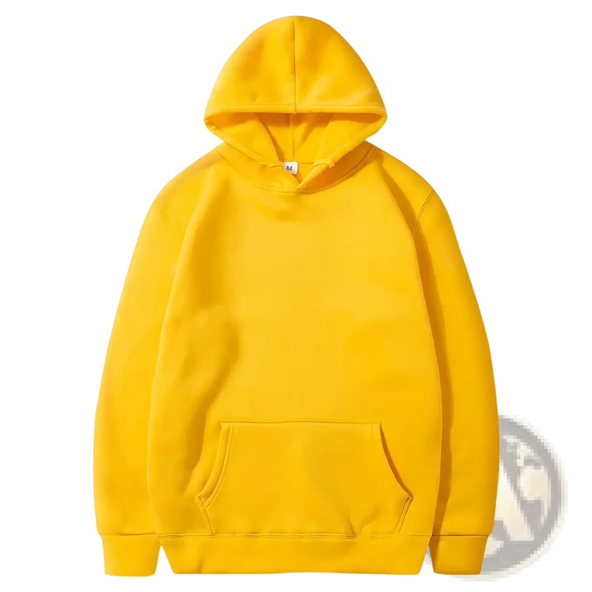 Bright yellow solid color casual hooded sweatshirt with front pocket and ribbed cuffs for comfortable wear