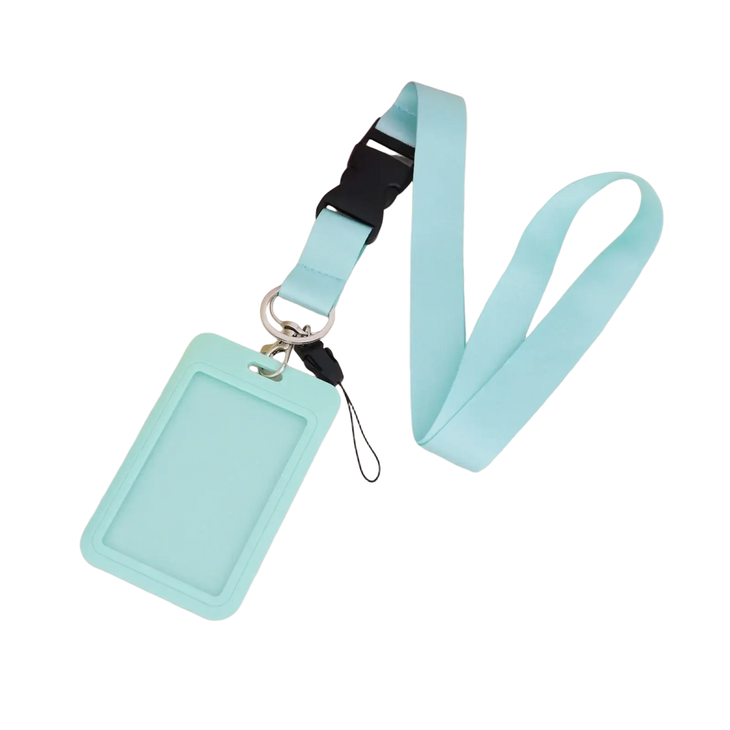 Light blue solid color lanyard with zinc alloy id holder featuring a matching silicone card holder and black buckle