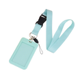 Light blue solid color lanyard with zinc alloy id holder featuring a matching silicone card holder and black buckle