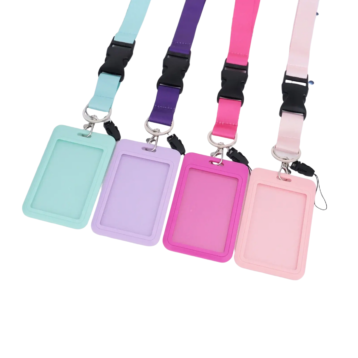 Pastel-colored solid color lanyard with zinc alloy id holder and black plastic buckle for secure card display
