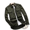 Olive green solid color long sleeve men outdoor button shirt with collar and two chest pockets