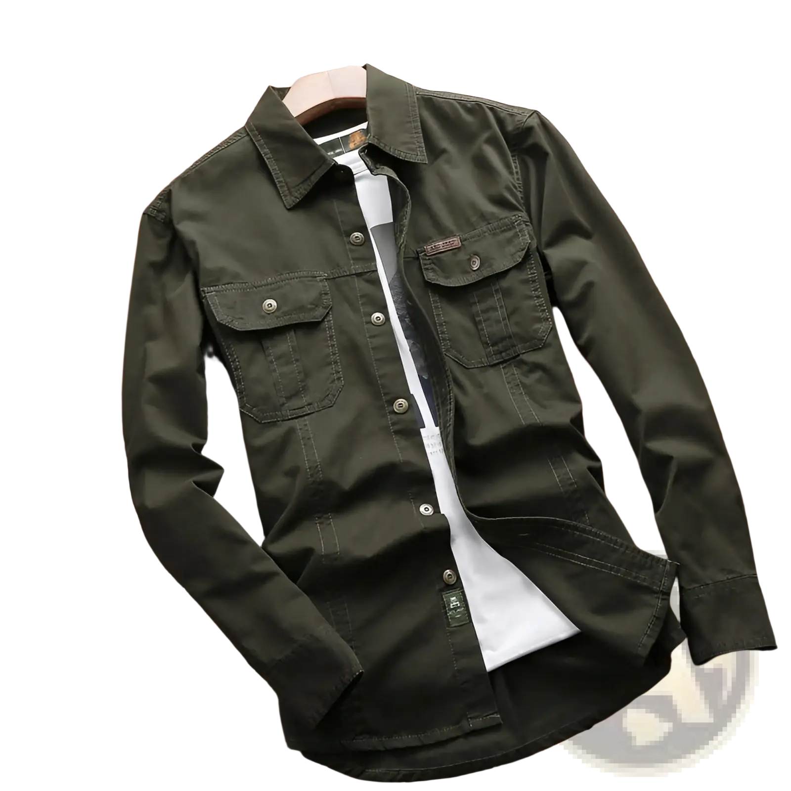 Olive green solid color long sleeve men outdoor button shirt with collar and two chest pockets