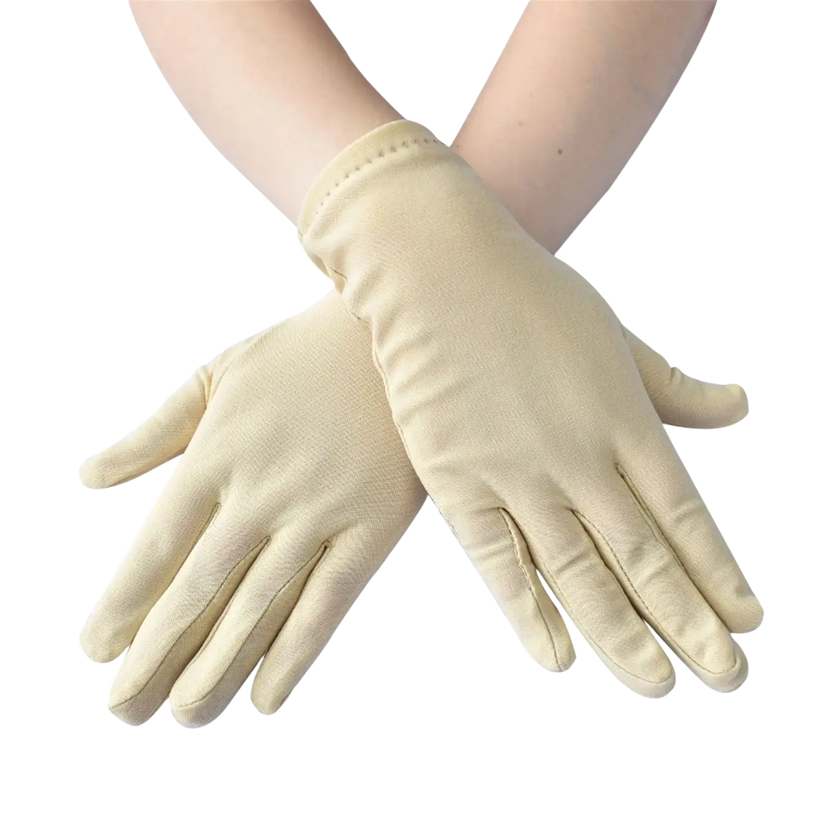 Beige solid color milk silk work gloves with a smooth, slightly textured surface and neatly stitched edges