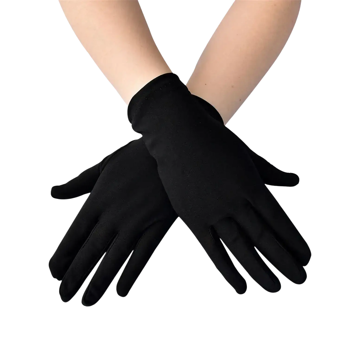 Black solid color milk silk full-fingered work gloves with sleek smooth fabric finish visible from the back side