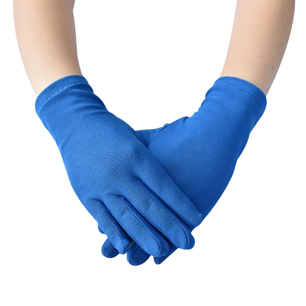 Bright blue long-fingered solid color milk silk work gloves made of smooth fabric shown from the back side