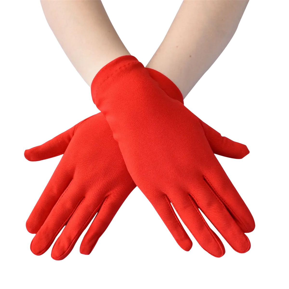Bright red solid color milk silk work gloves with smooth fabric, full-fingered design, and elasticated wristband