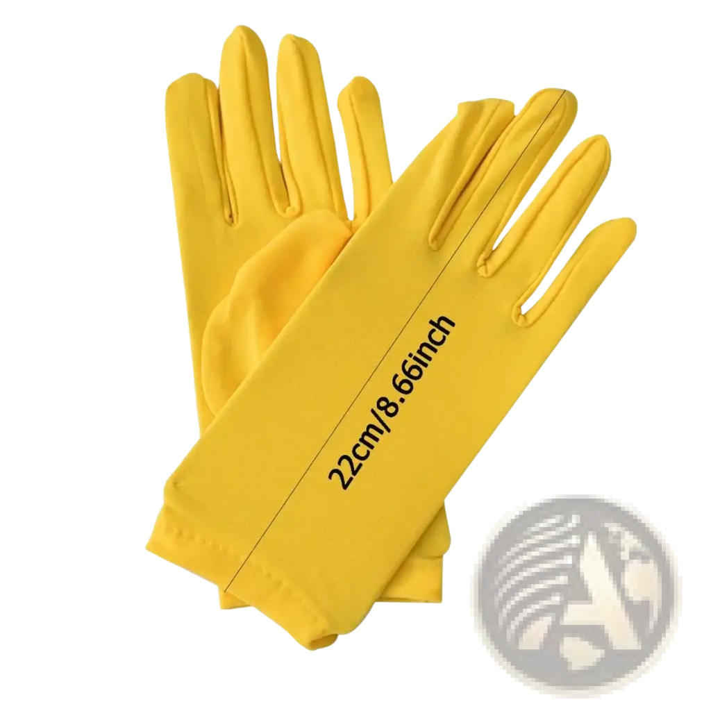 Bright yellow solid color milk silk work gloves with long fingers and smooth fabric featuring neatly stitched seams