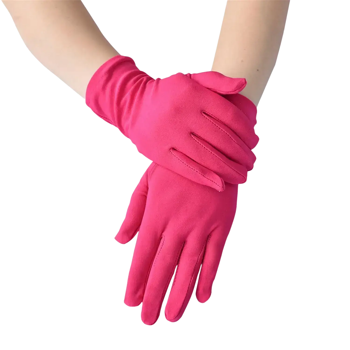 A pair of vibrant pink solid color milk silk work gloves with long fingers smooth fabric and neatly stitched seams