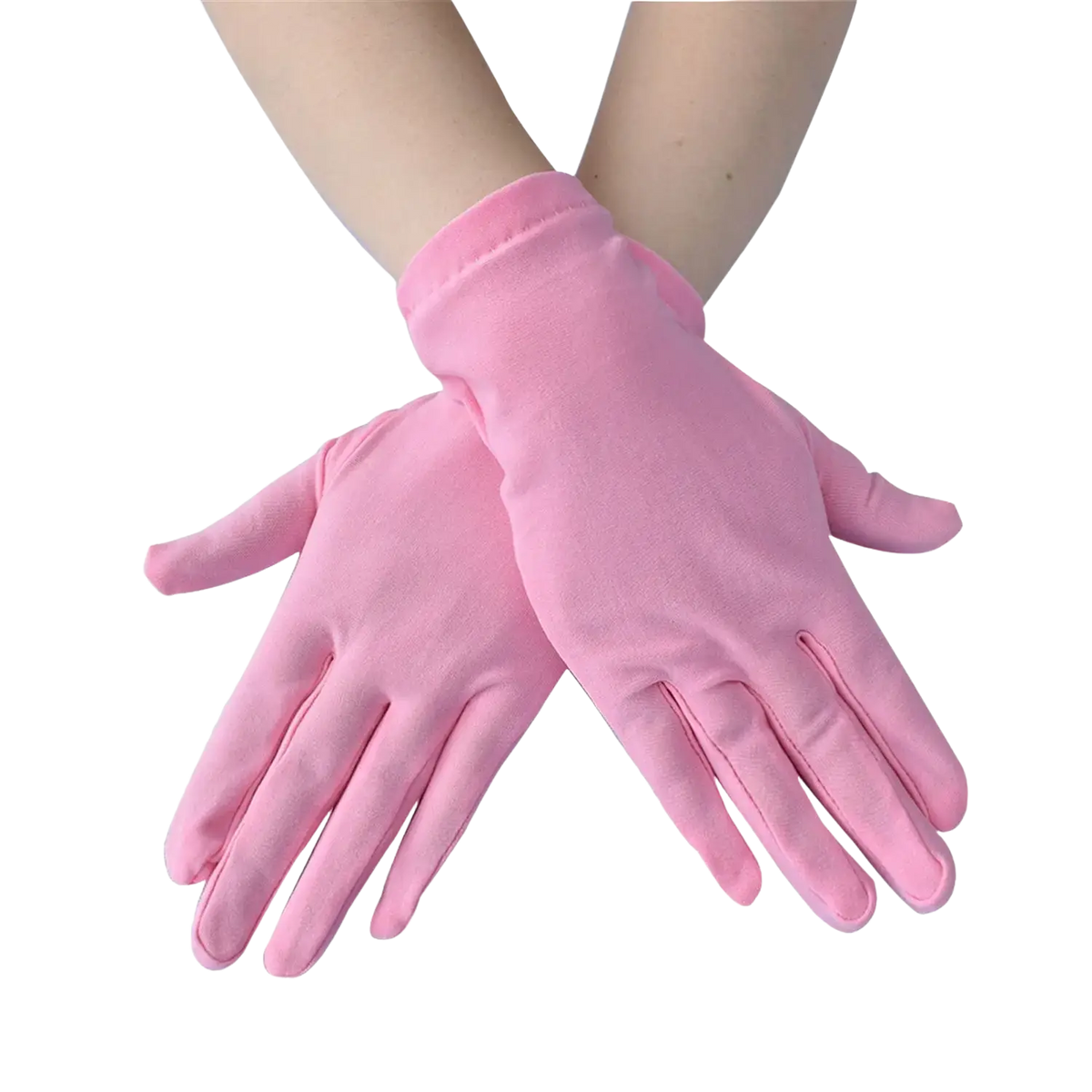 Pink satin solid color milk silk work gloves with smooth soft texture and elegant design displayed from the back side