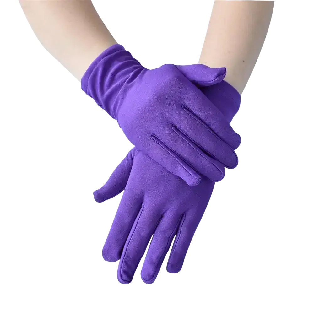 Purple solid color milk silk work gloves with a smooth, elegant satin finish for professional use
