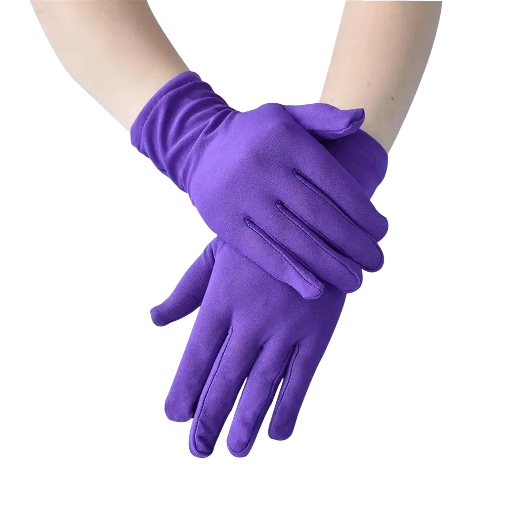 Purple suede solid color milk silk work gloves with smooth soft texture and elegant design shown from the back side