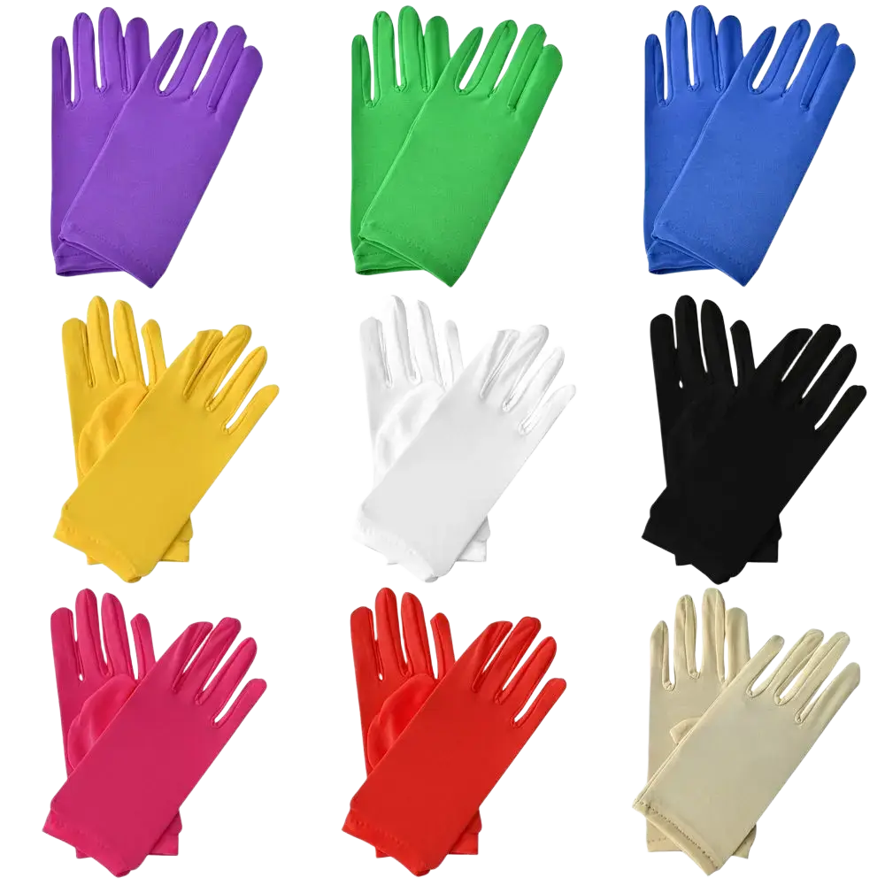 A set of solid color milk silk work gloves in vibrant purple green blue yellow white black pink red and beige colors