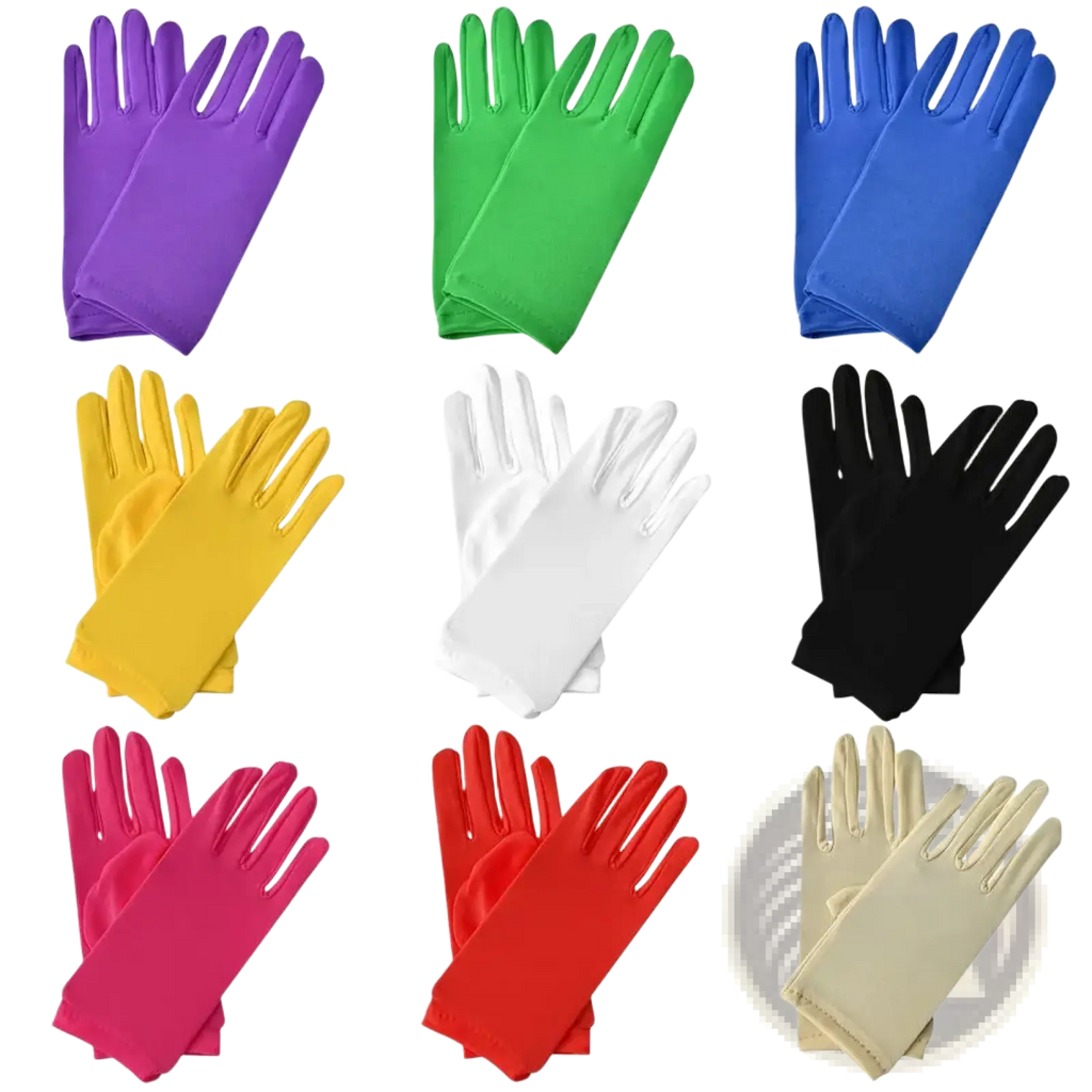 A set of solid color milk silk work gloves in vibrant purple green blue yellow white black pink red and beige colors