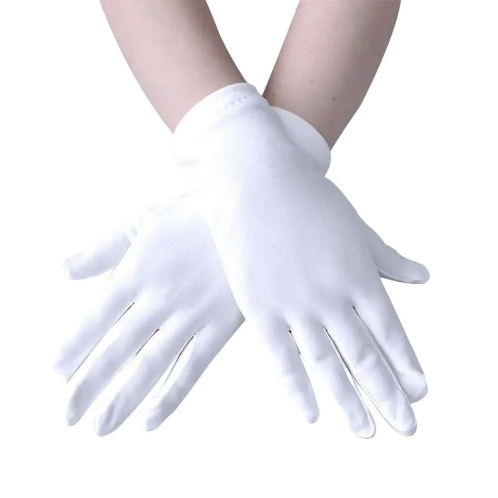 White solid color milk silk work gloves with smooth texture and elasticized wristband for a snug fit