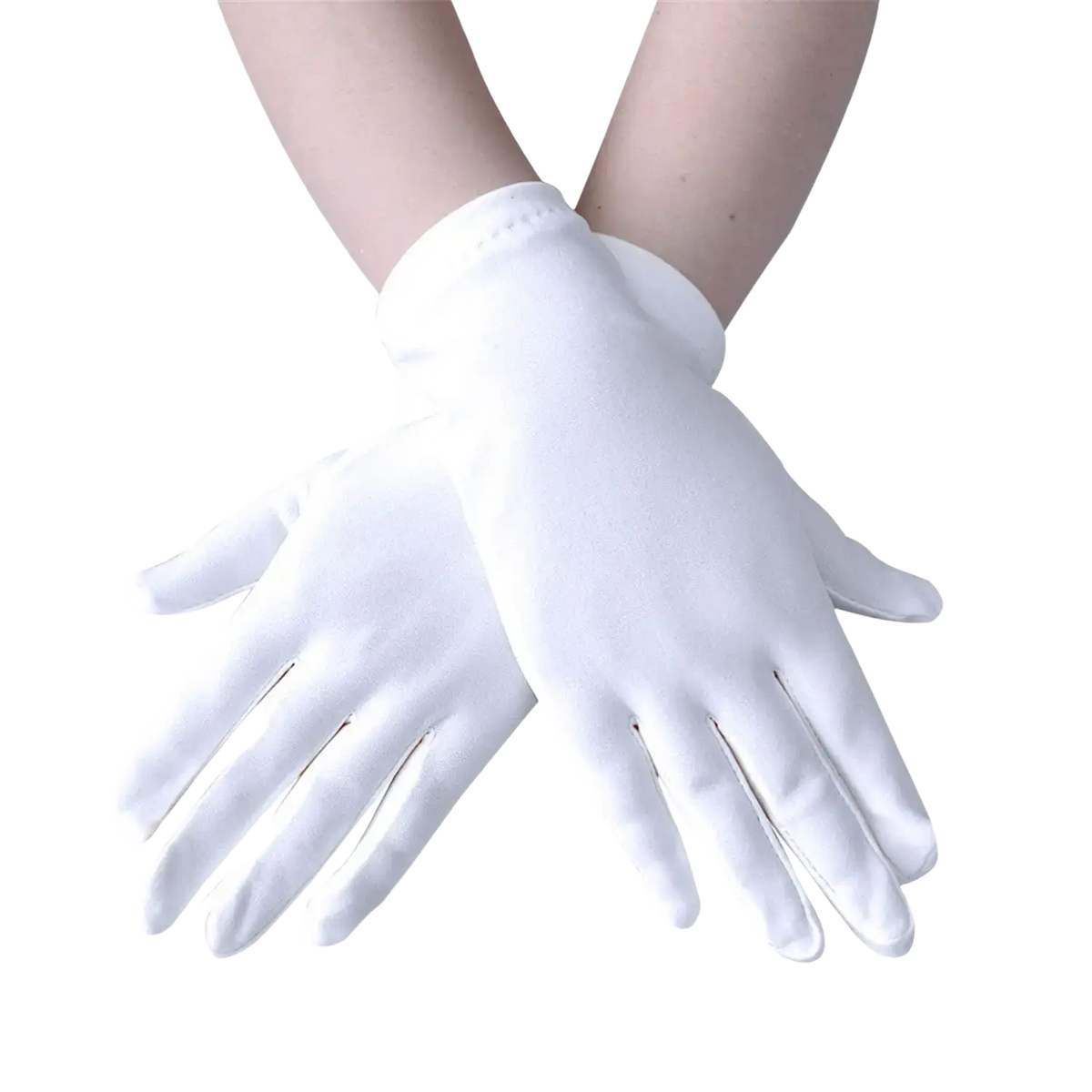 White solid color milk silk work gloves with smooth texture and elastic wristband showing back side