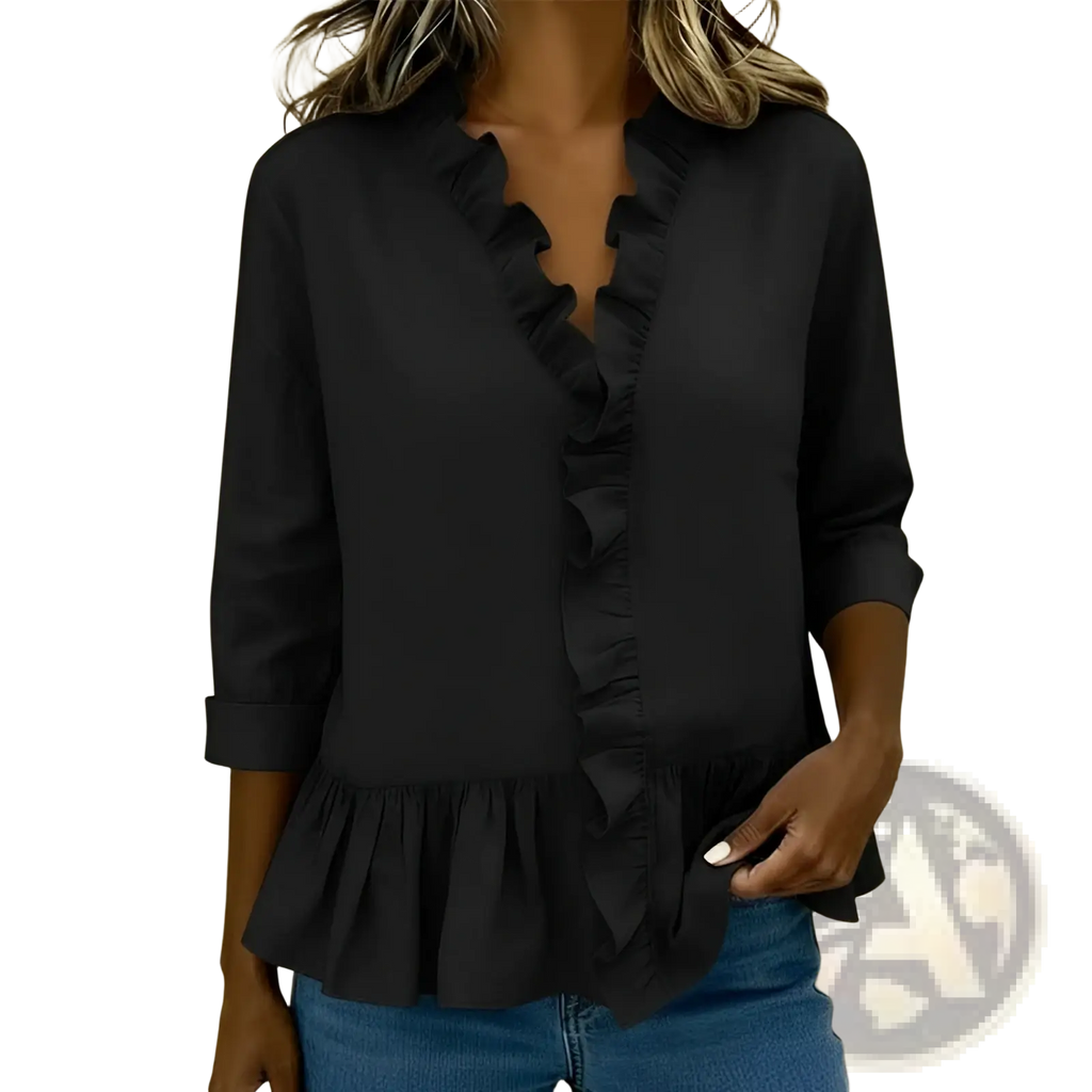 Black solid color ruffle hem peplum tshirt with three quarter sleeves and ruffled details for stylish wear