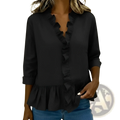 Black solid color ruffle hem peplum tshirt with three quarter sleeves and ruffled details for stylish wear