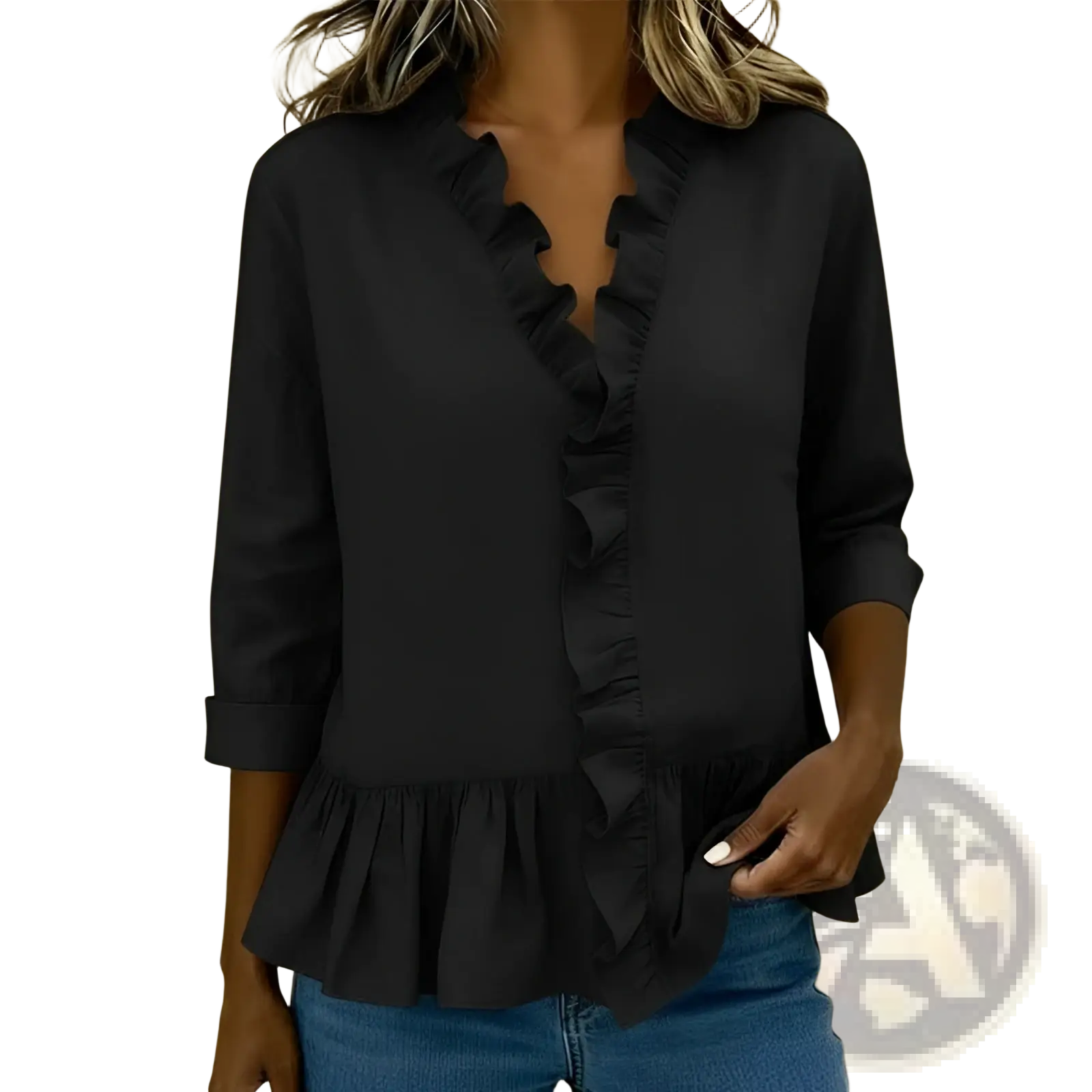 Black solid color ruffle hem peplum tshirt with three quarter sleeves and ruffled details for stylish wear