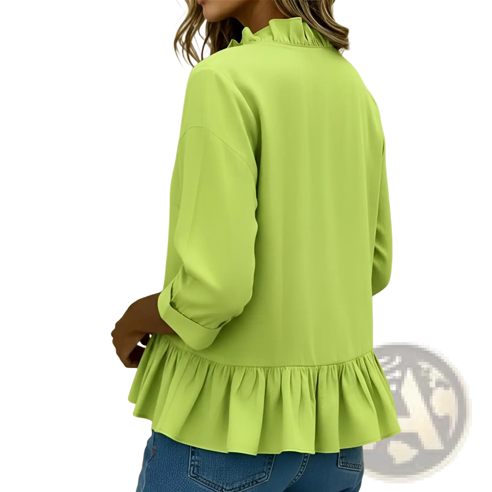 A vibrant lime green solid color ruffle hem peplum tshirt made of lightweight fabric with ruffled neckline and hem
