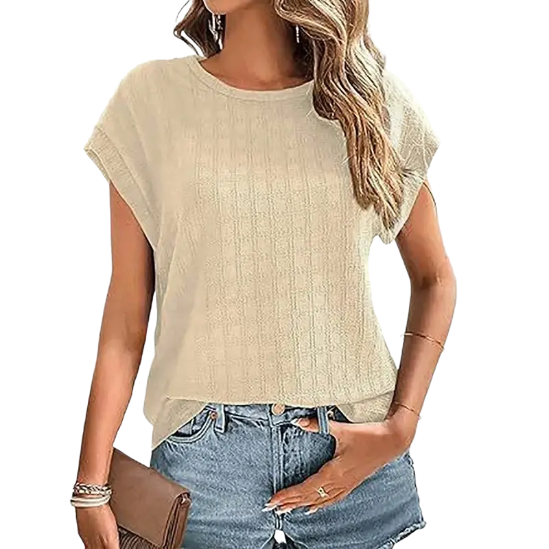Beige ribbed knit solid color short sleeve casual tee for women with relaxed fit and rounded neckline