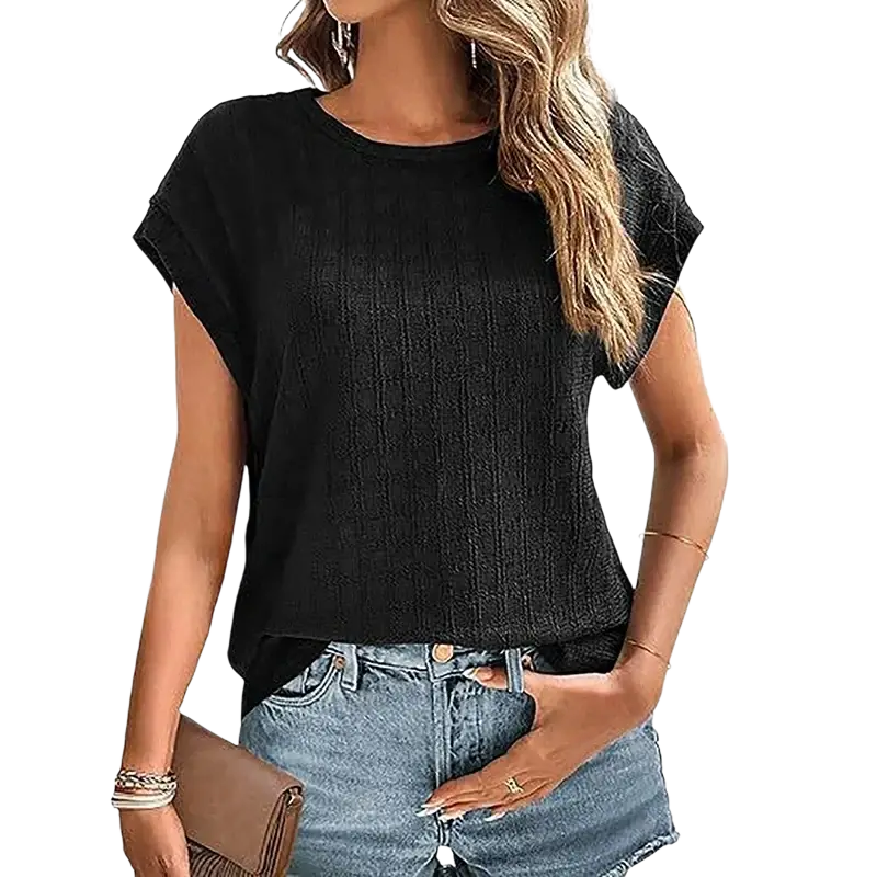Black solid color short sleeve casual tee for women with textured fabric and round neckline