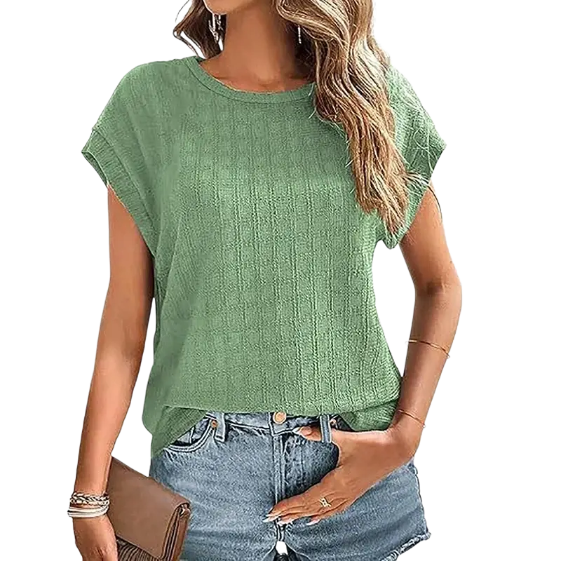 A solid color short sleeve casual tee for women in soft sage green ribbed fabric with a relaxed fit and textured design